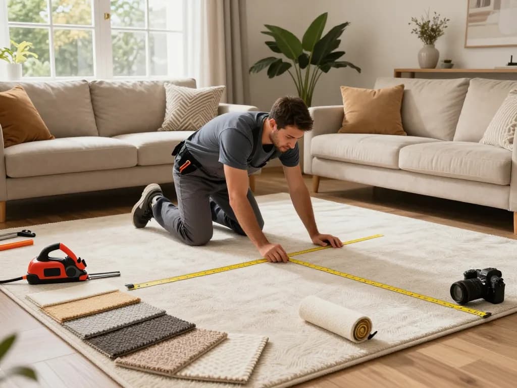 Professional carpet fitters near me installing carpet in a stylish living room with tools and decor.
