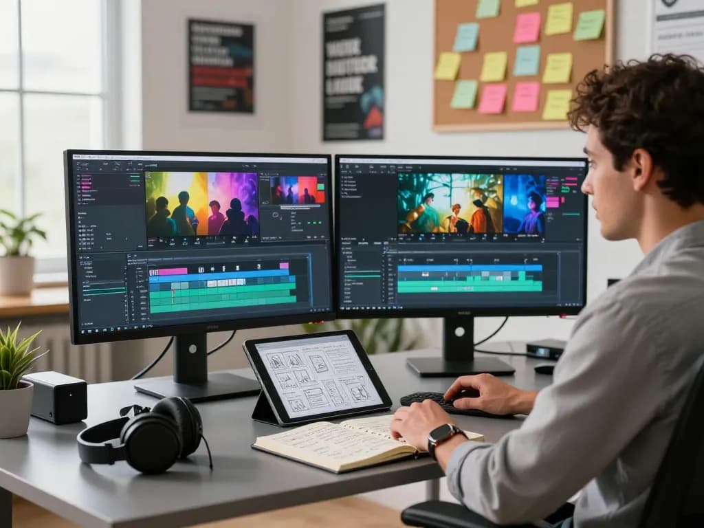 Creative workspace depicting a video to prompt analysis process with a video editor engaged in dual monitor setup.