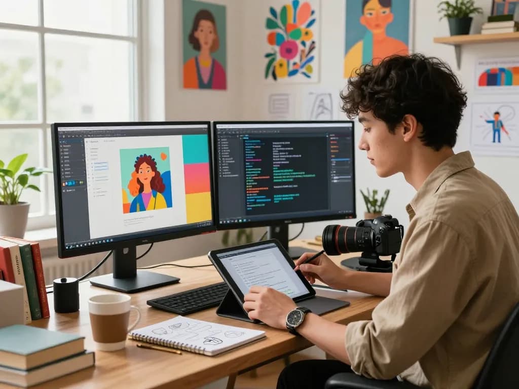 Engaged user utilizing an image to prompt tool in a vibrant creative workspace with art and technology.