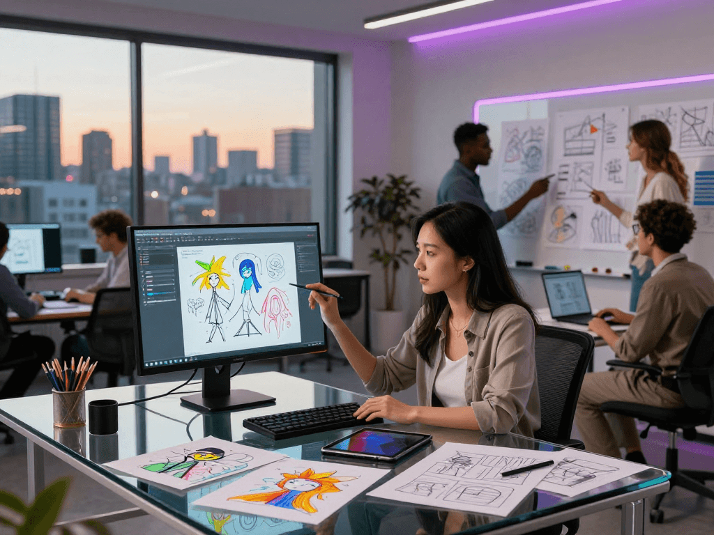 Creative team collaborating on AI NSFW art concepts in a vibrant digital workspace.