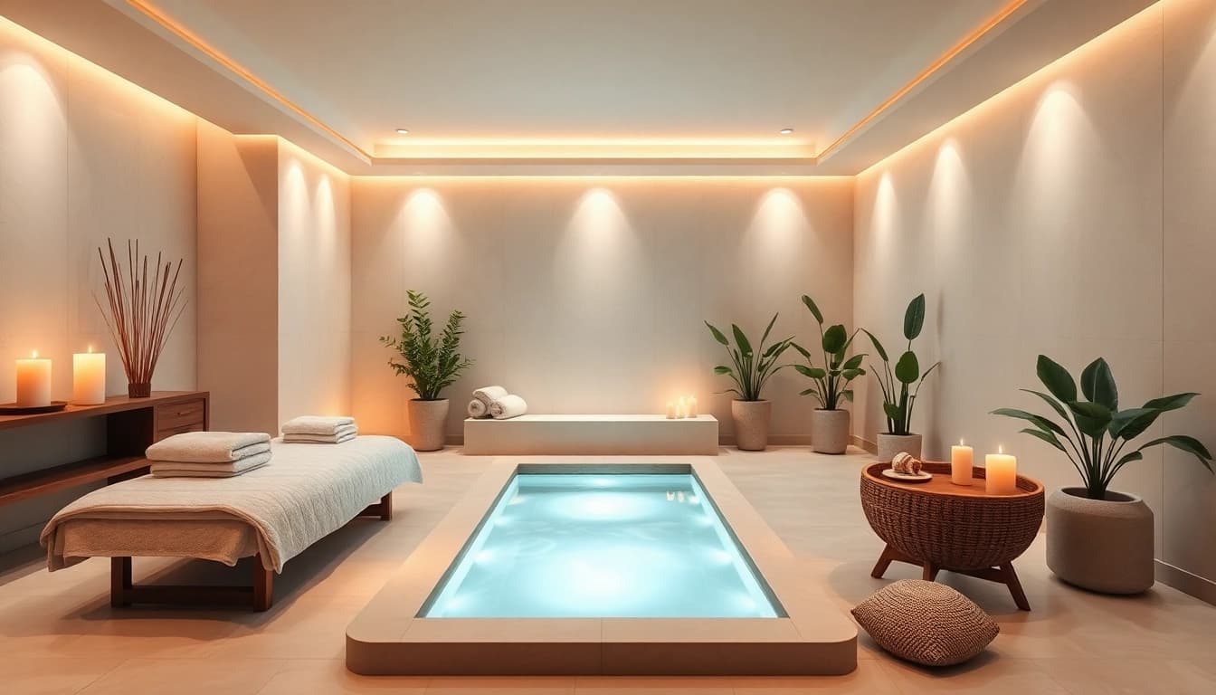 Spa Ads showcasing a tranquil treatment room with soothing earth tones, luxurious towels, and calming ambiance.