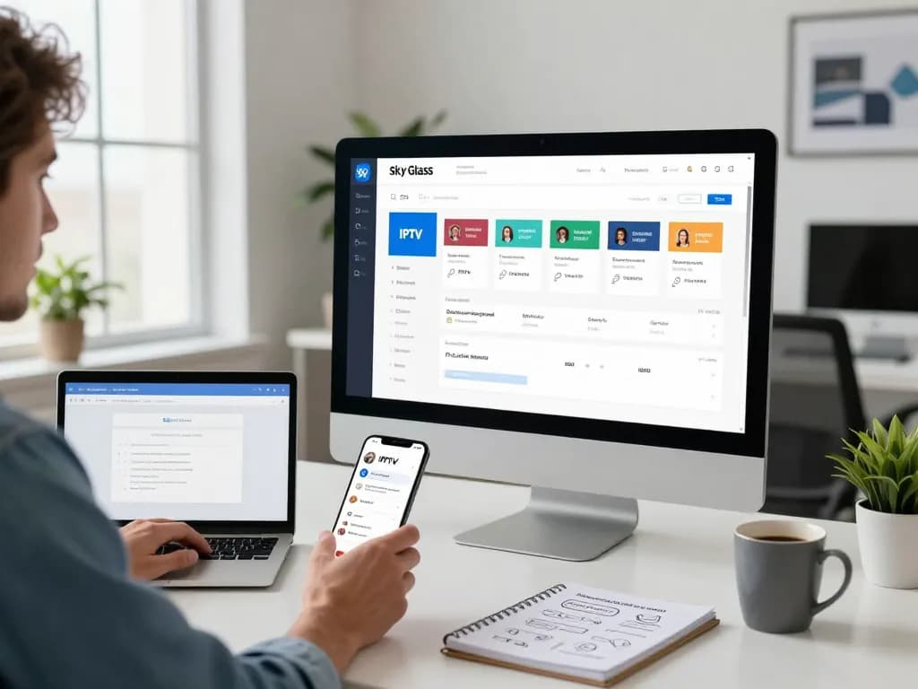 Sky Glass IPTV Reseller Panel displayed on a desktop monitor, illustrating customer analytics and subscription management in a modern office.