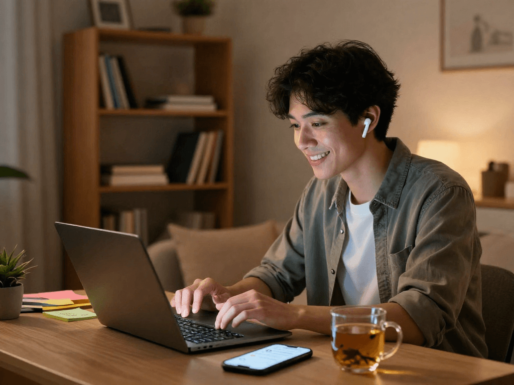 A cozy virtual chatting scene illustrating a person enjoying a porn ai chat on a laptop in a warm, inviting room.