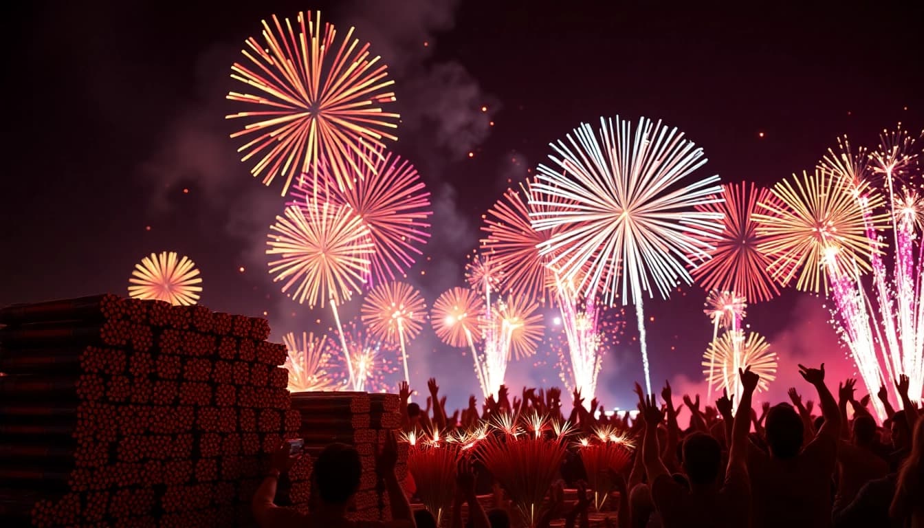 Vibrant wholesale fireworks lighting up the night sky, showcasing colorful displays.