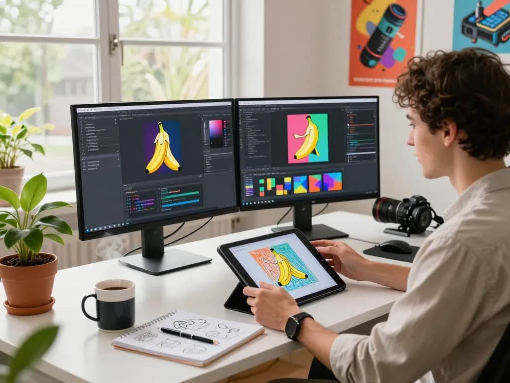 Creative developer using the advanced nano banana 2 AI image editor in a modern workspace.
