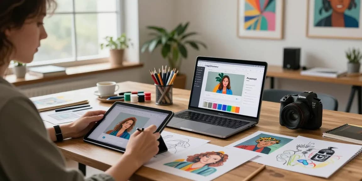 Artist using an image to prompt tool in a vibrant studio environment.