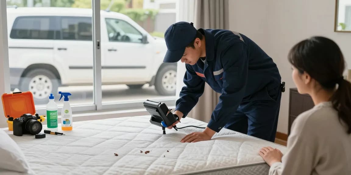 Bed bug control professional inspecting a bedroom for effective pest treatment.