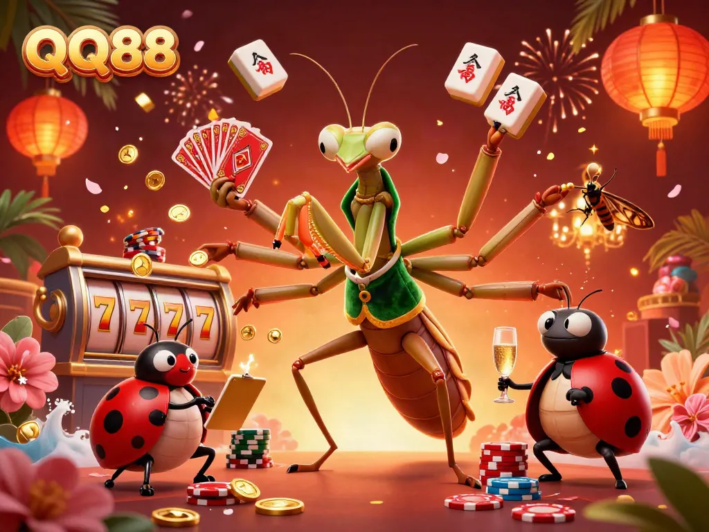Experience winning strategies at QQ88 with an engaging casino scene featuring colorful characters and gaming elements.