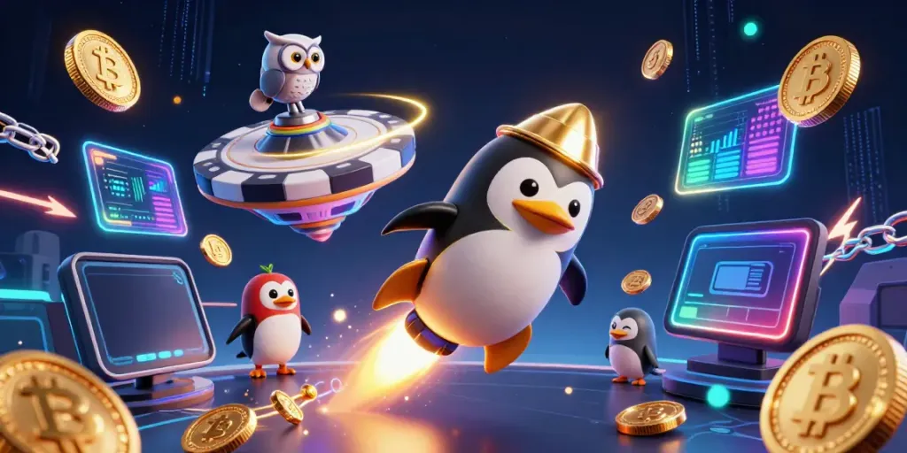 Explore exciting gaming adventures at rr88 with a golden penguin blasting through space amidst coins and crypto elements.