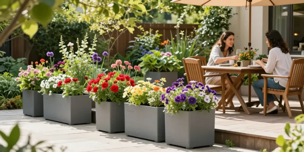 IDEALIST outdoor planters filled with colorful flowers in a bright garden.