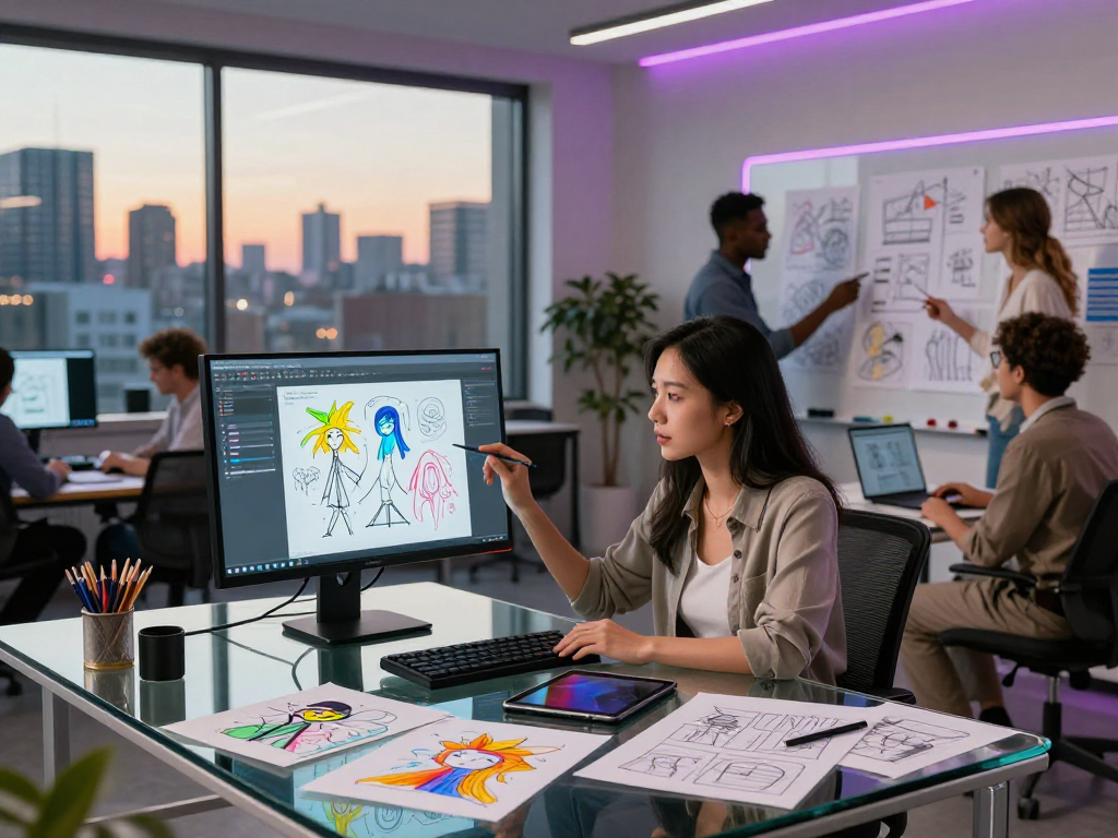 Creative team collaborating on AI NSFW art concepts in a vibrant digital workspace.