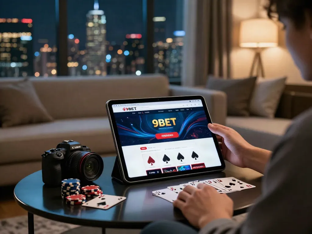 Engaging with the 9BET online betting platform in a luxurious living space.