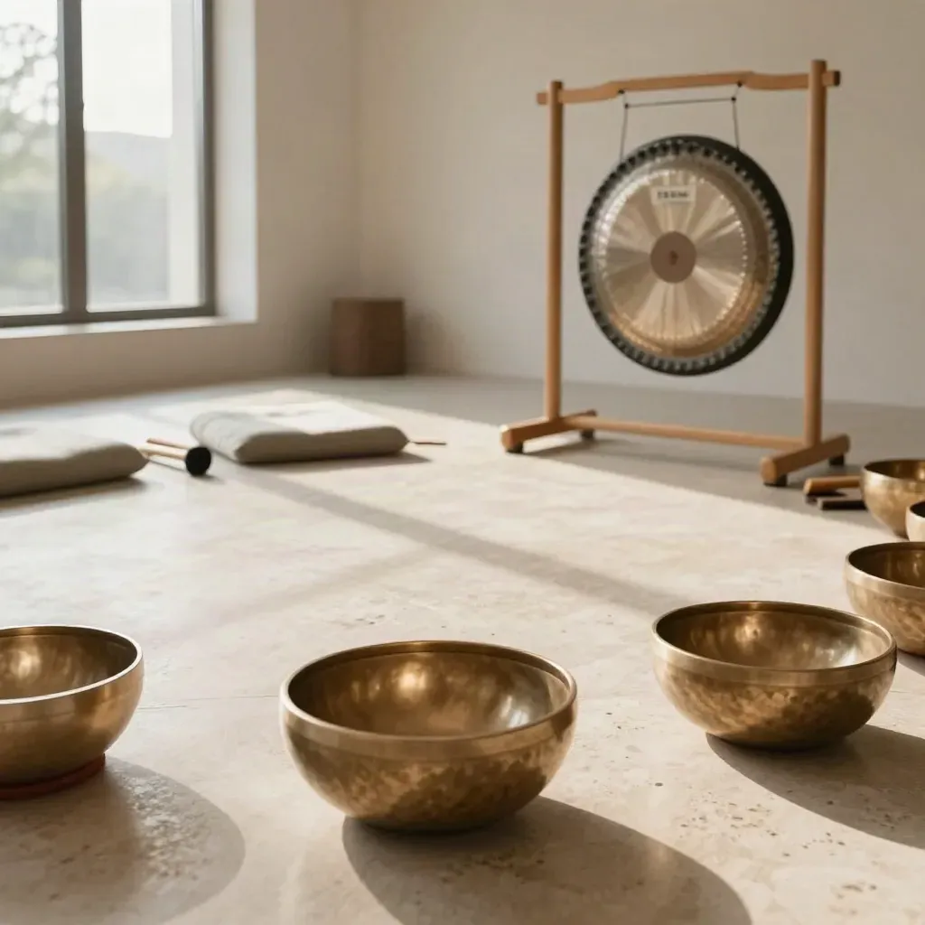 Sound bath circle with bowls, gong, mallets and cushions in a bright hall