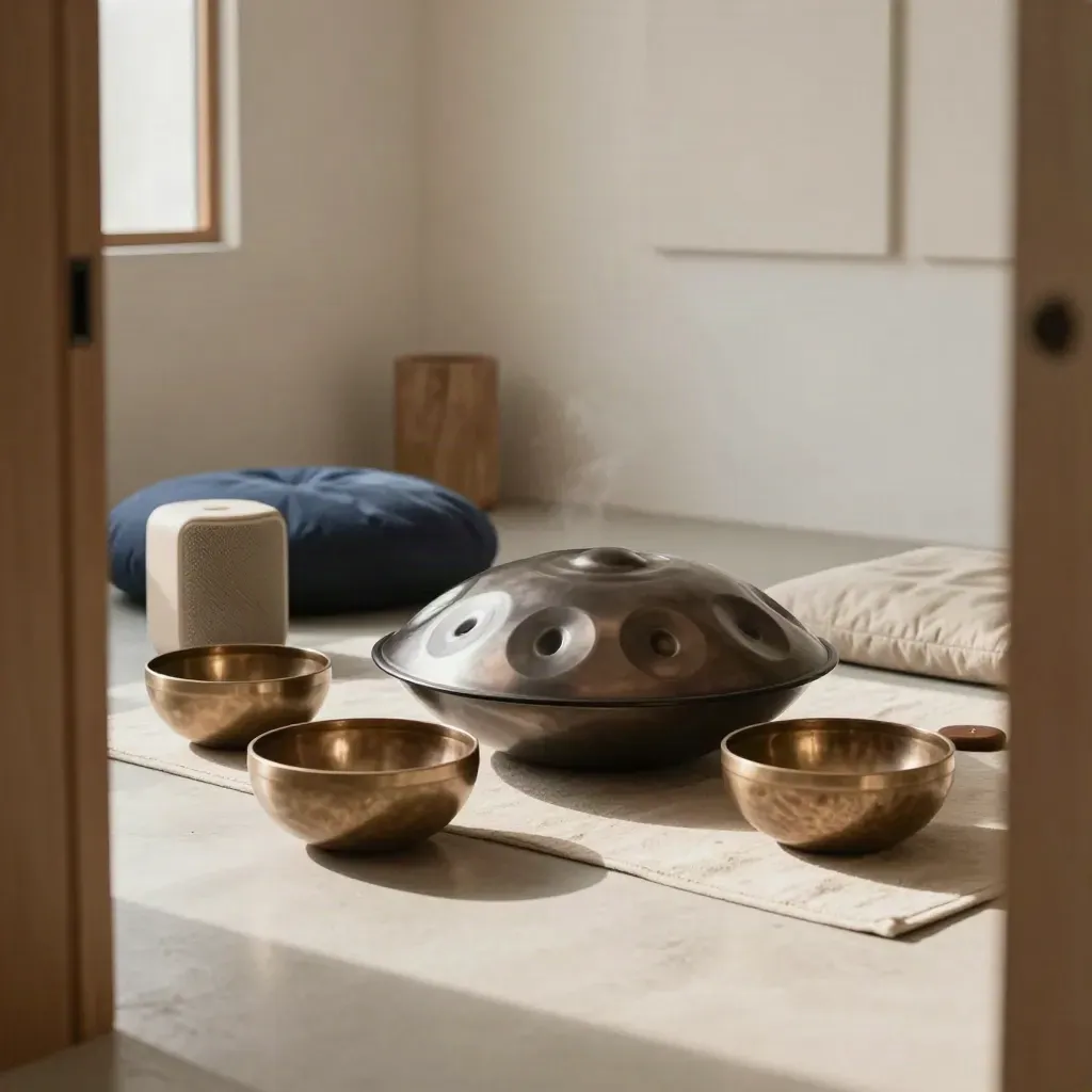 Music therapy room with handpan, bronze bowls, speaker and cushions in warm daylight.