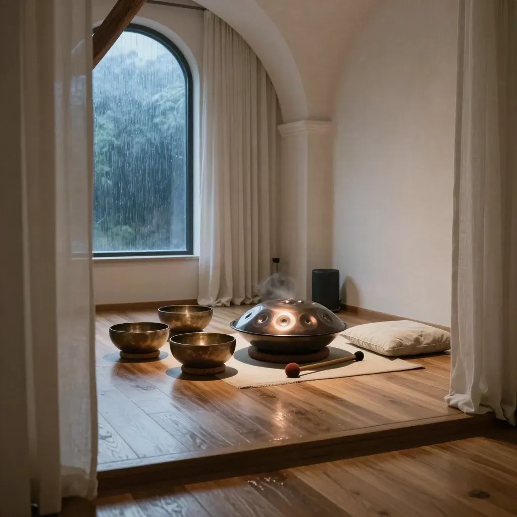 Sunlit chapel therapy room with bronze bowls, handpan, linen cushions and airy drapes