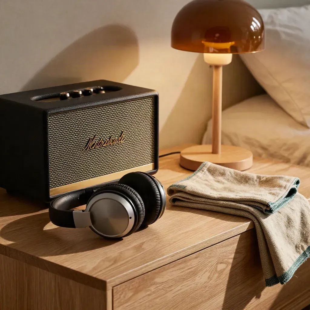 Bedside listening nook with headphones, speaker, throw and lamp in warm evening light.