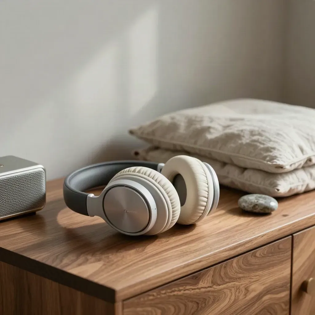 Headphones and audio kit on a walnut surface with linen and stone in soft daylight.
