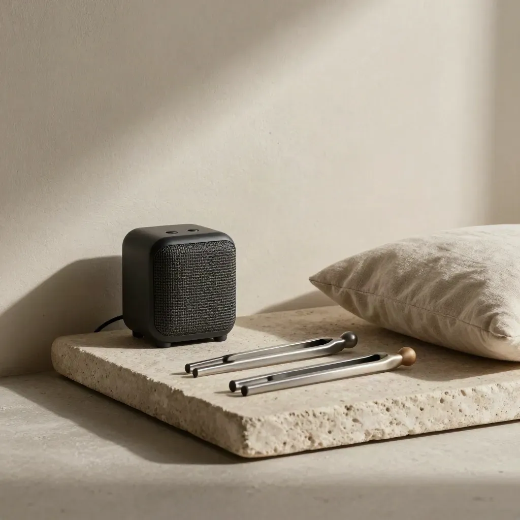 Stone tray with tuning forks, compact speaker and cushion in a moody listening alcove.