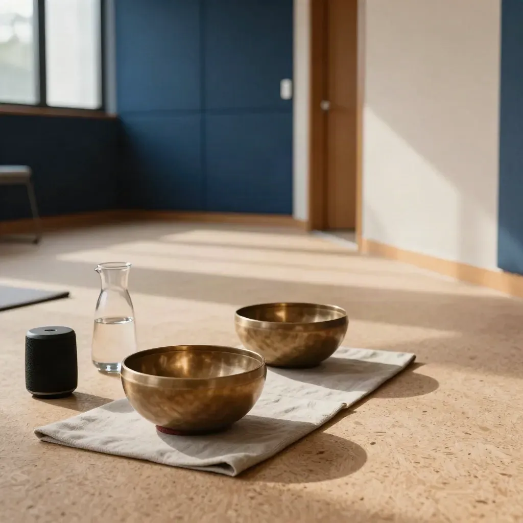 Hallway view into a wellbeing room with singing bowls, folded mats, a speaker and water carafe.