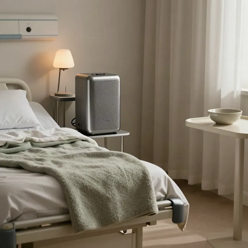 Empty hospital ward bedside setup with speaker, lamp, curtain track and folded blanket