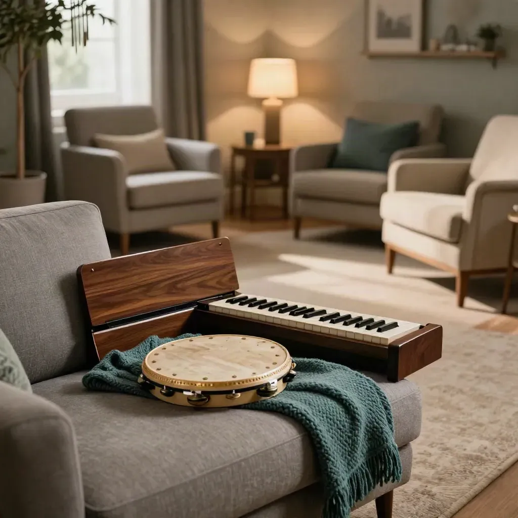 Keyboard cover, tambourine and chime tree in a care-home lounge after a singing session.