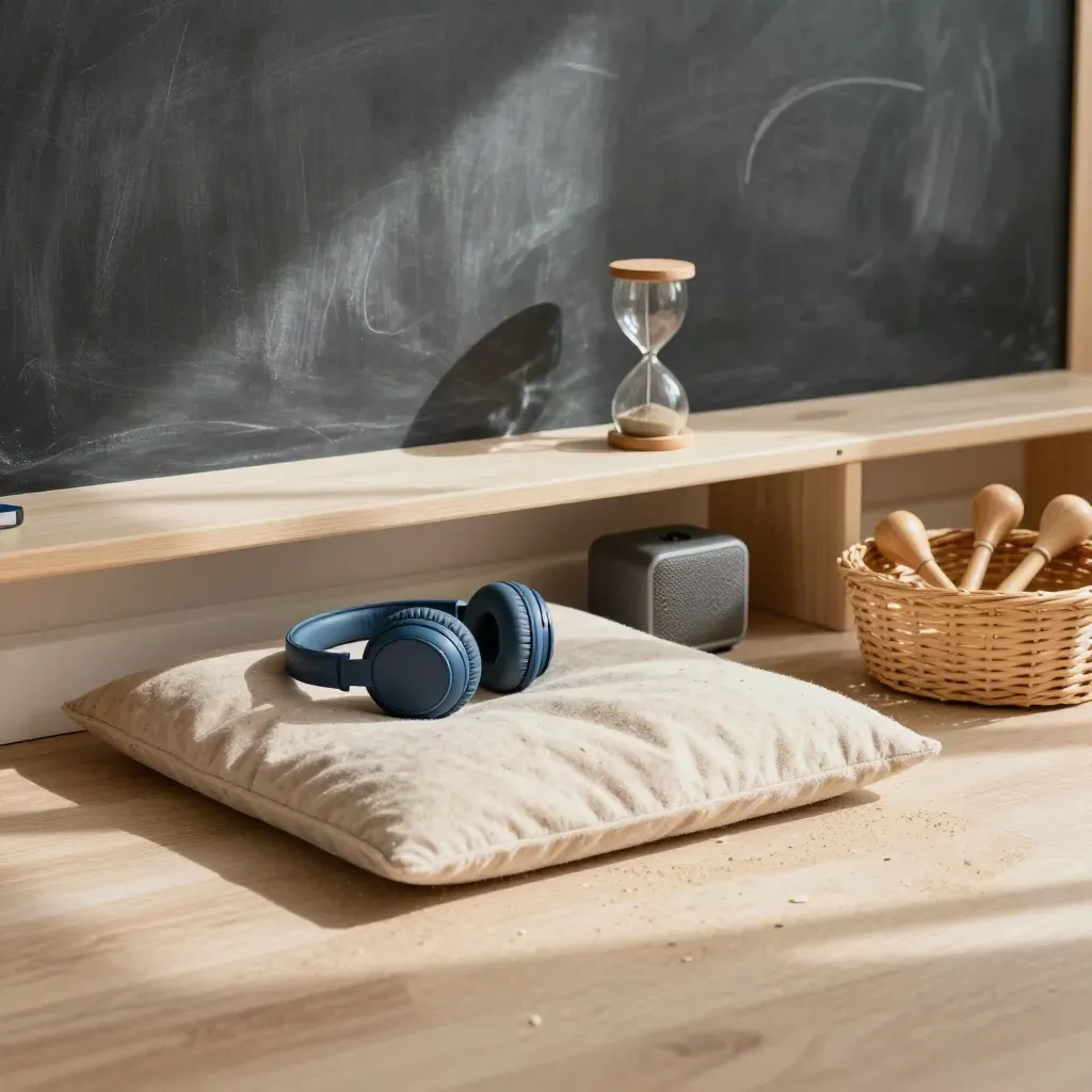 Empty classroom focus-break corner with headphones, cushion, timer and shakers in soft morning light.