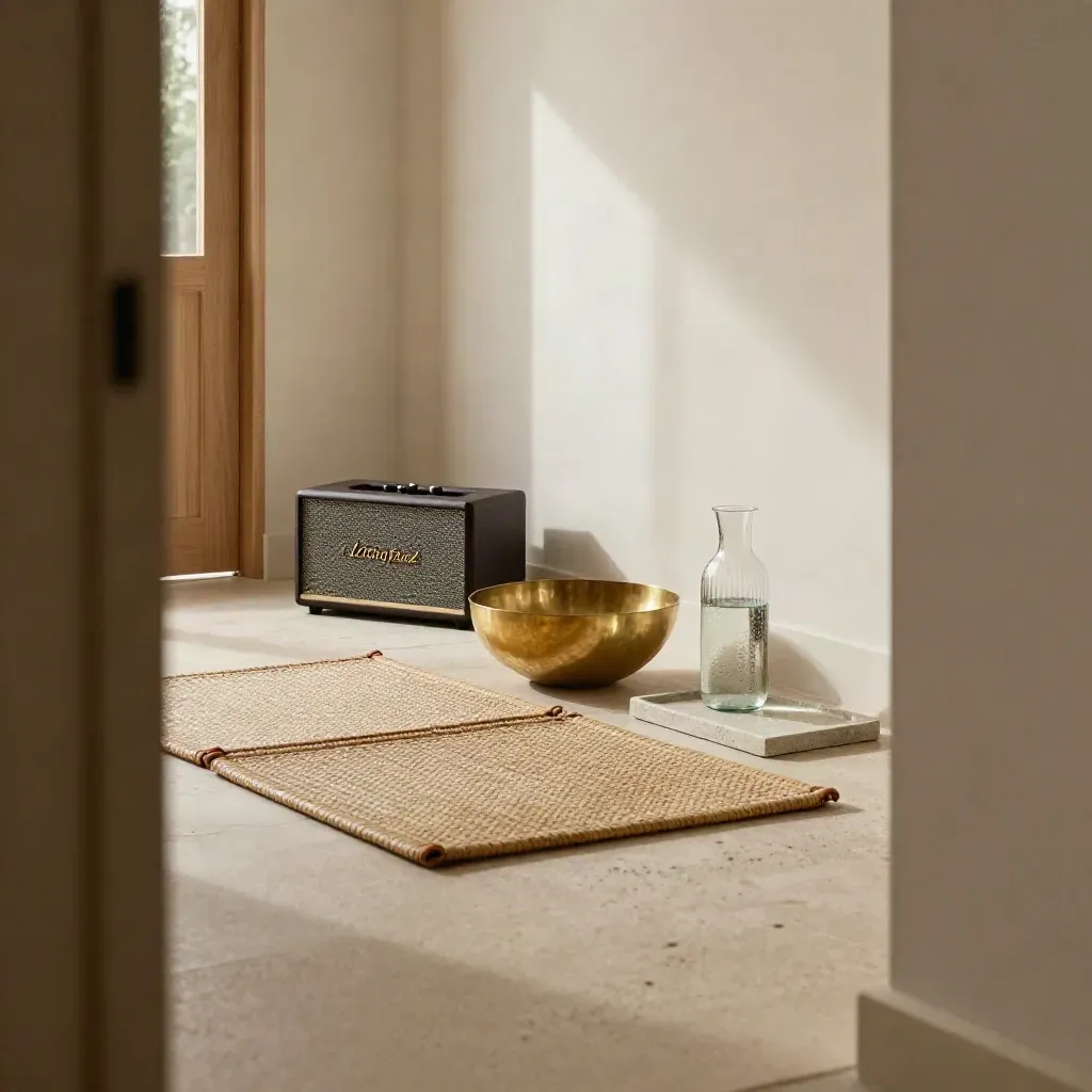 Quiet office reset station with mats, speaker, brass bowl, carafe and stone tray in warm window light