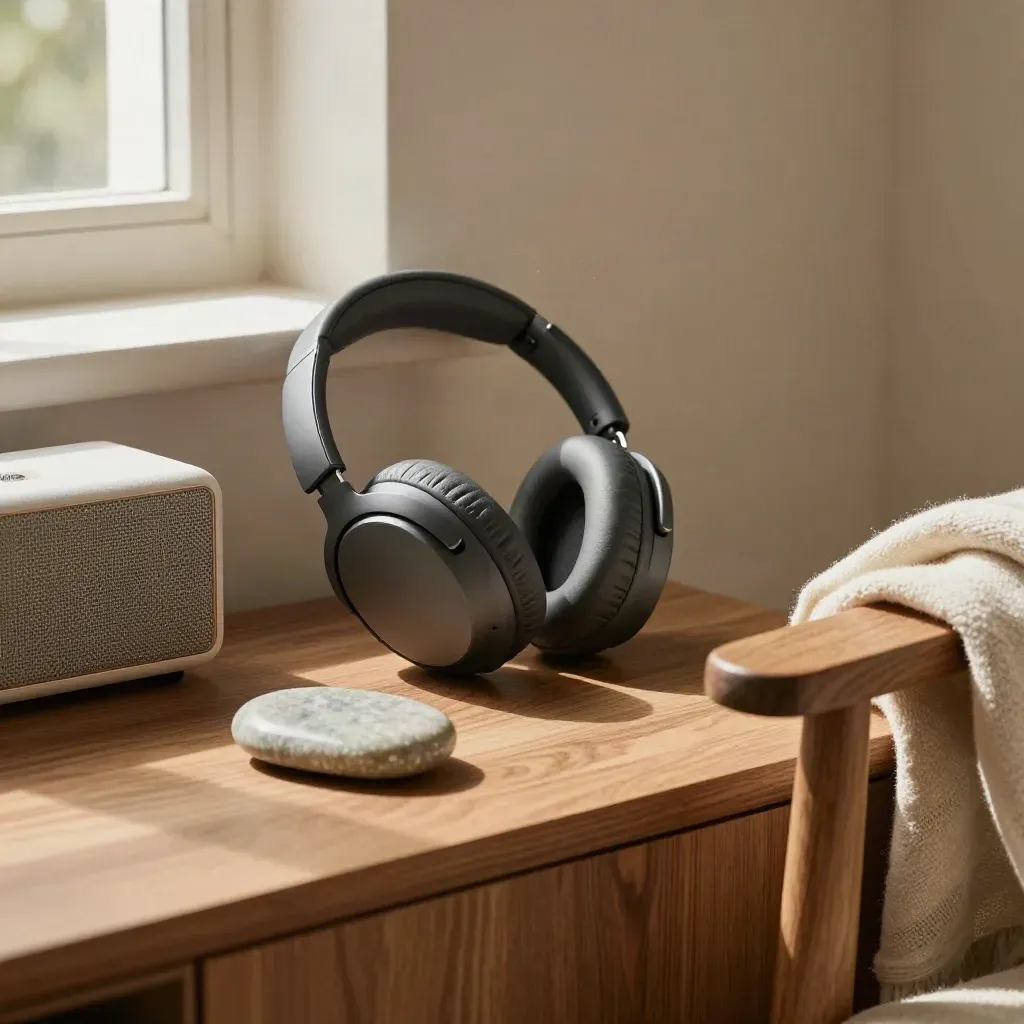 Quiet home audio nook with headphones, speaker, stone dish and wool throw by a window.
