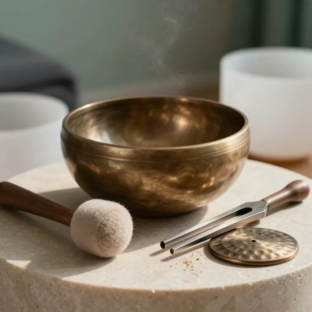 Bronze singing bowl with mallet, tuning fork, and chime disc on travertine.