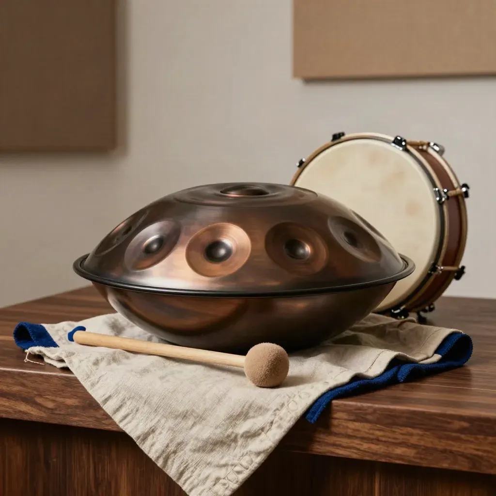 Handpan, suede mallets and frame drum on linen in a dramatic studio still life.