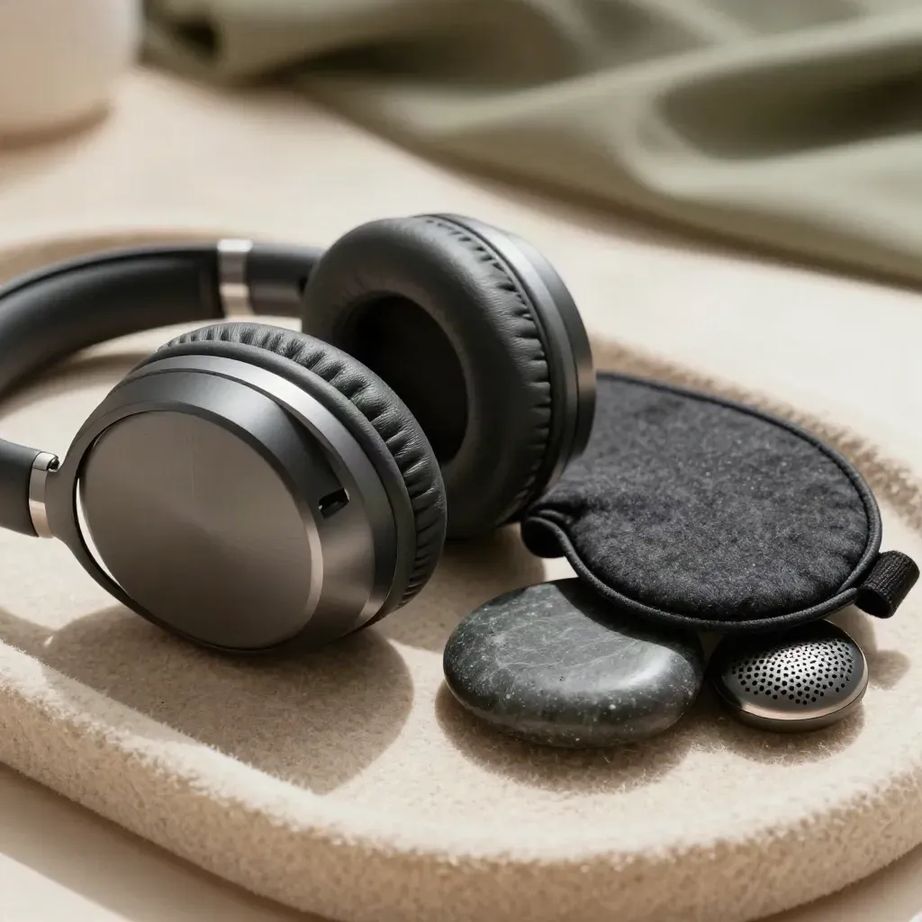 Macro still life of headphones, eye mask, pebble and speaker grille in soft light.