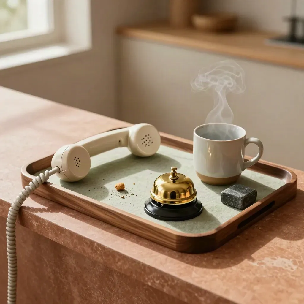 Overhead still life of a phone, bell, steaming mug and stone paperweight on a sage tray.