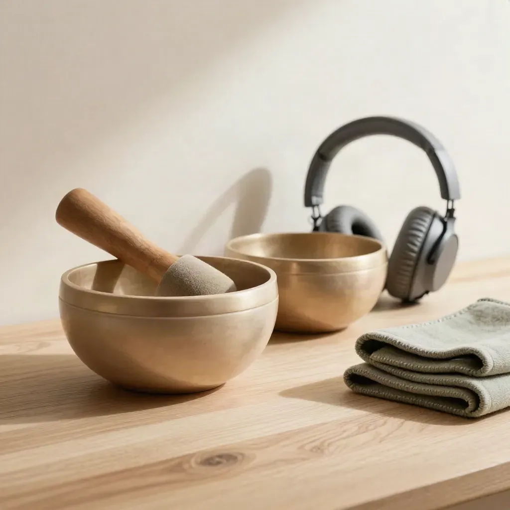 Singular singing bowl, headphones, and folded sage mat on pale wood in soft side light