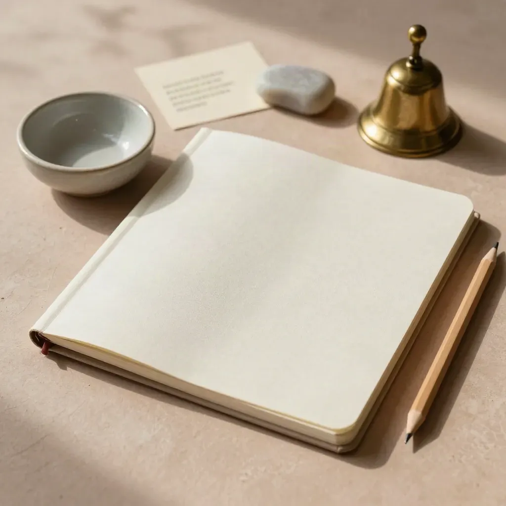 Overhead flatlay of a booking kit with notebook, bowl, pencil and brass bell.