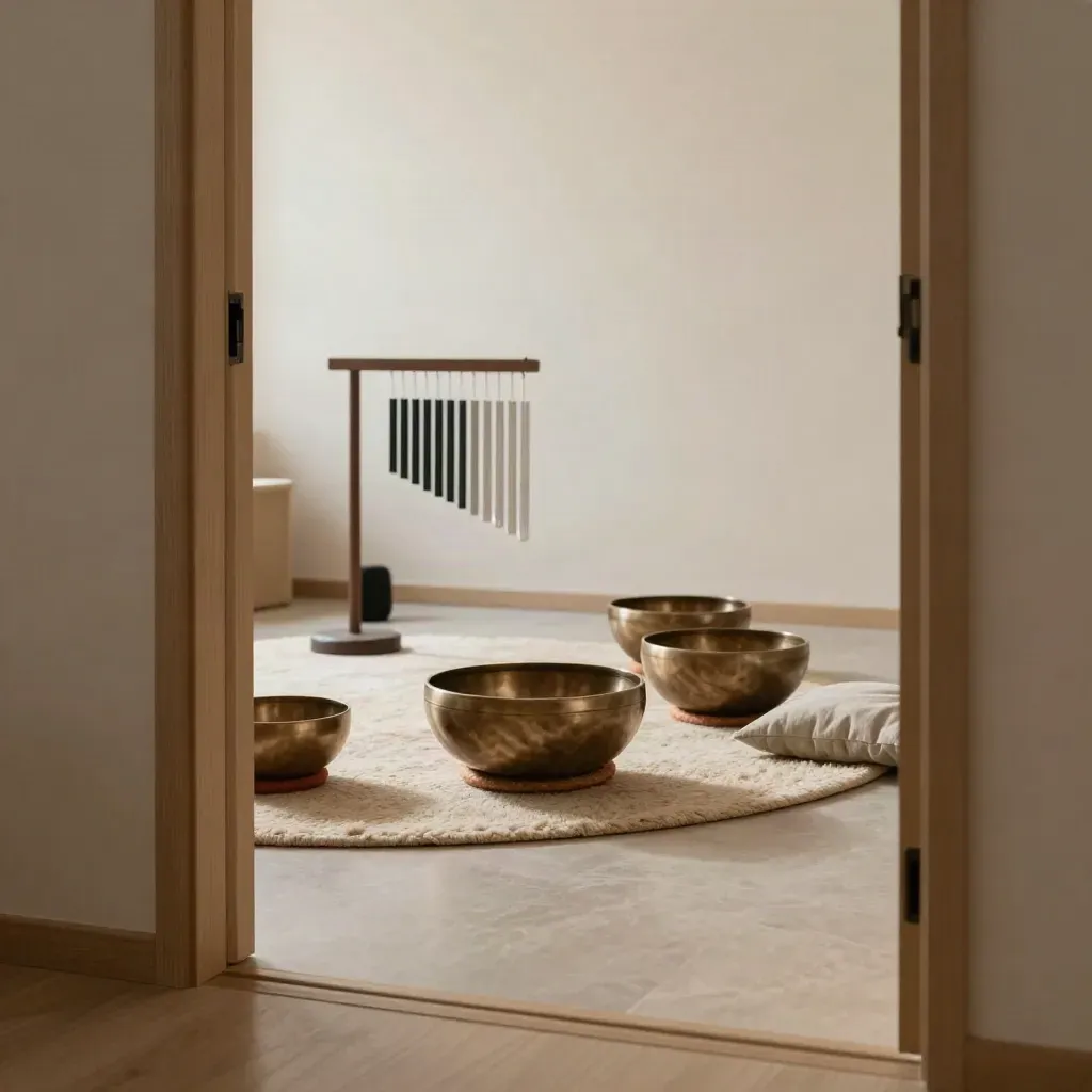 Sound-healing room vignette with bowls, chimes, speaker, and cushions