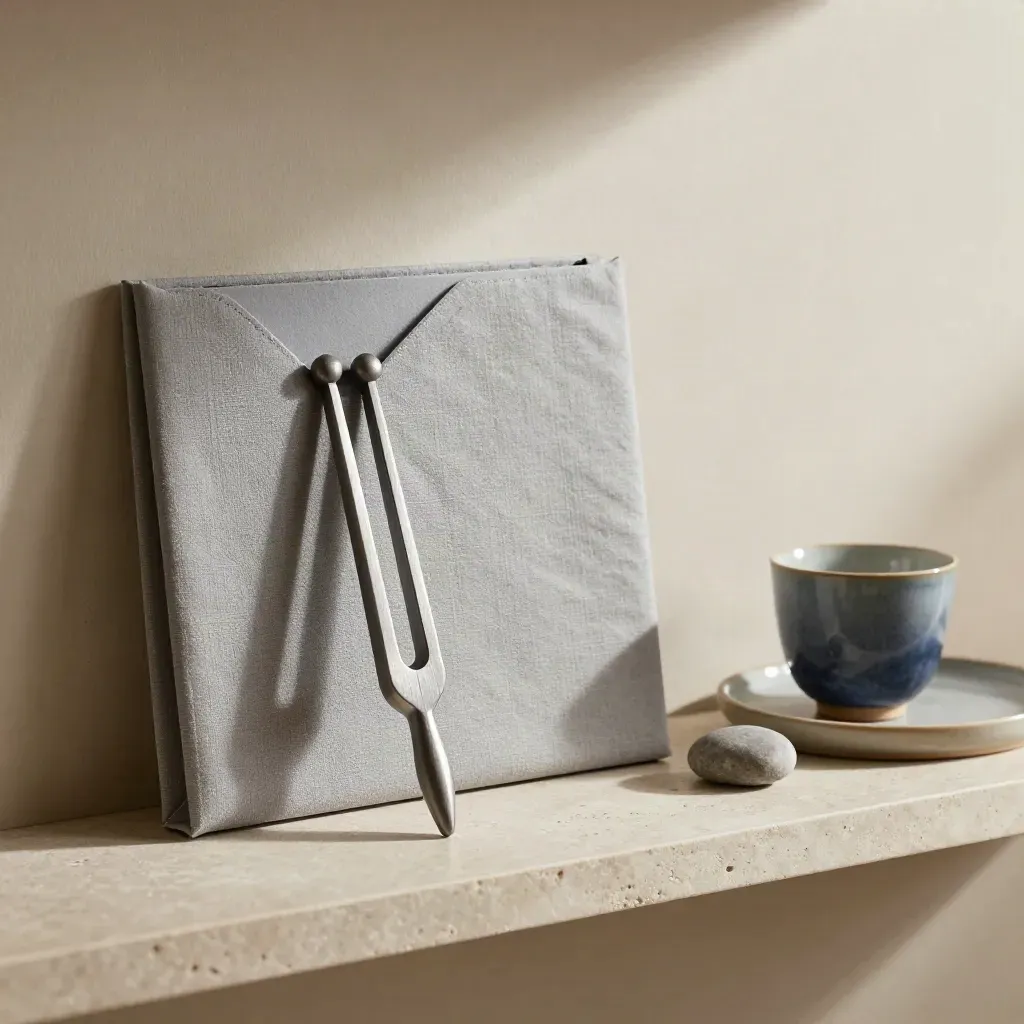 Closed feedback folder, tuning fork, cup, listening stone and tray on a pale stone shelf.