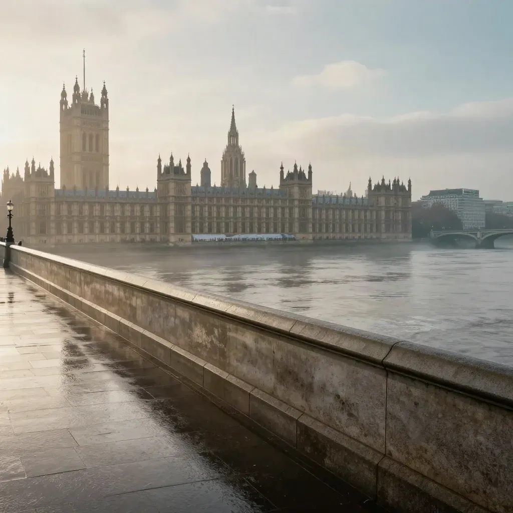 Westminster stonework over a misty Thames at dawn, with calm open water below.