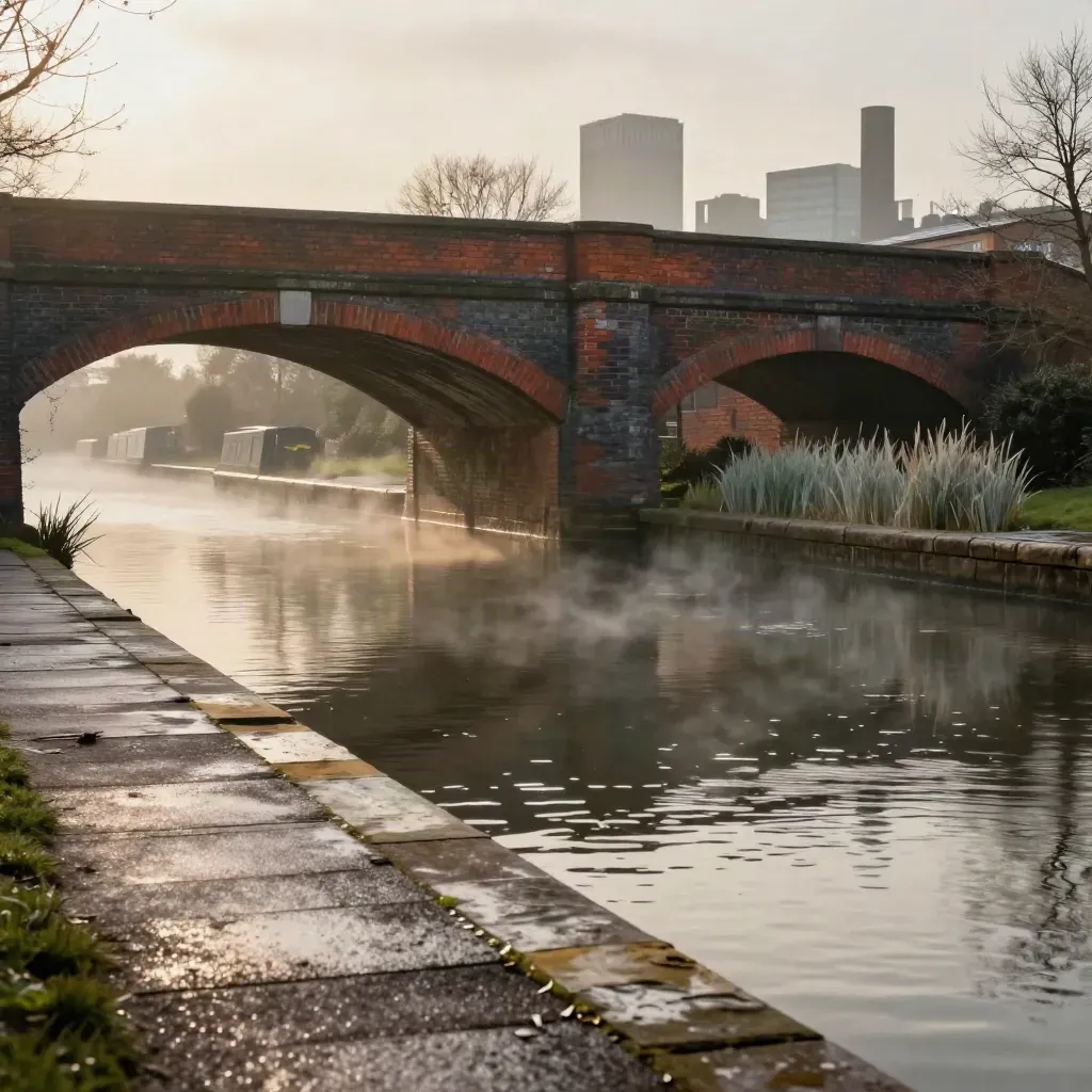 Rain-washed canal, brick bridge, and hazy skyline in the West Midlands