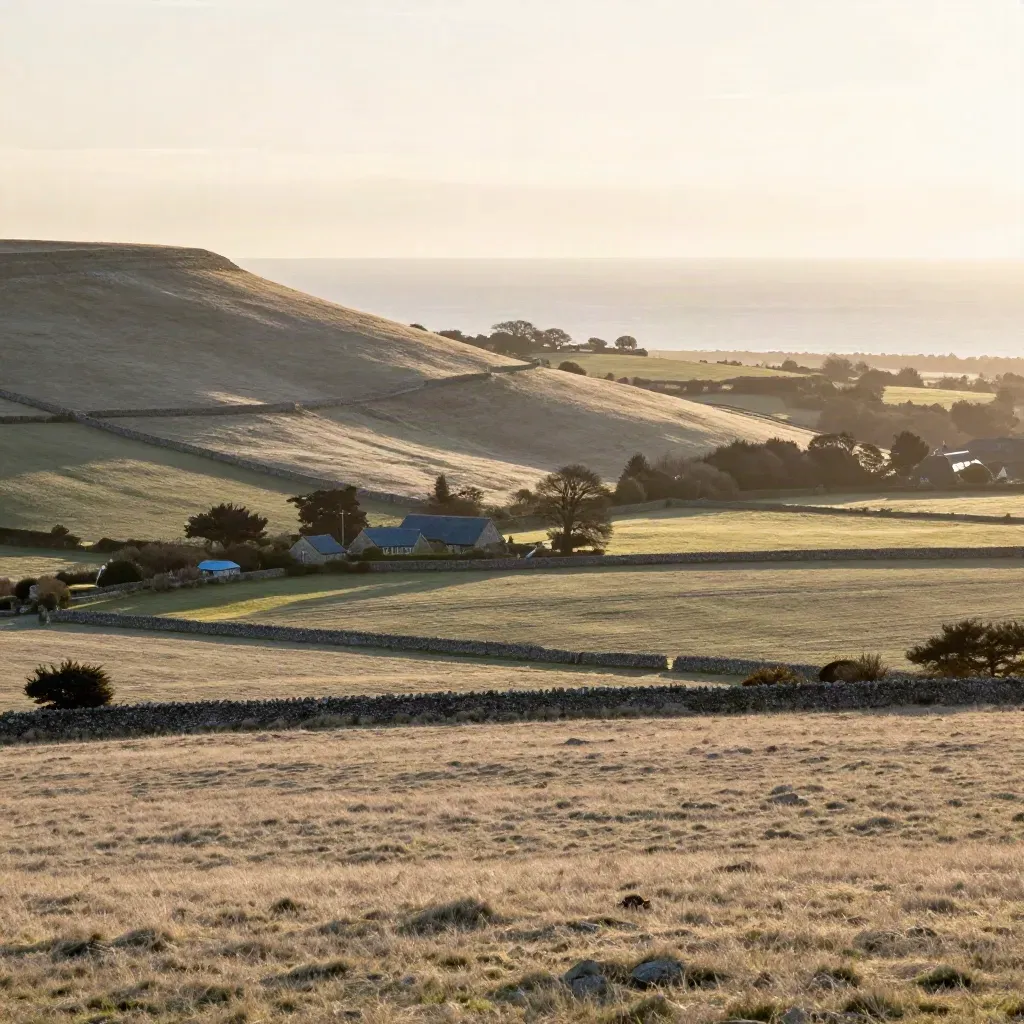 Golden South East England chalk downs, flint church roofs and sea haze at sunset