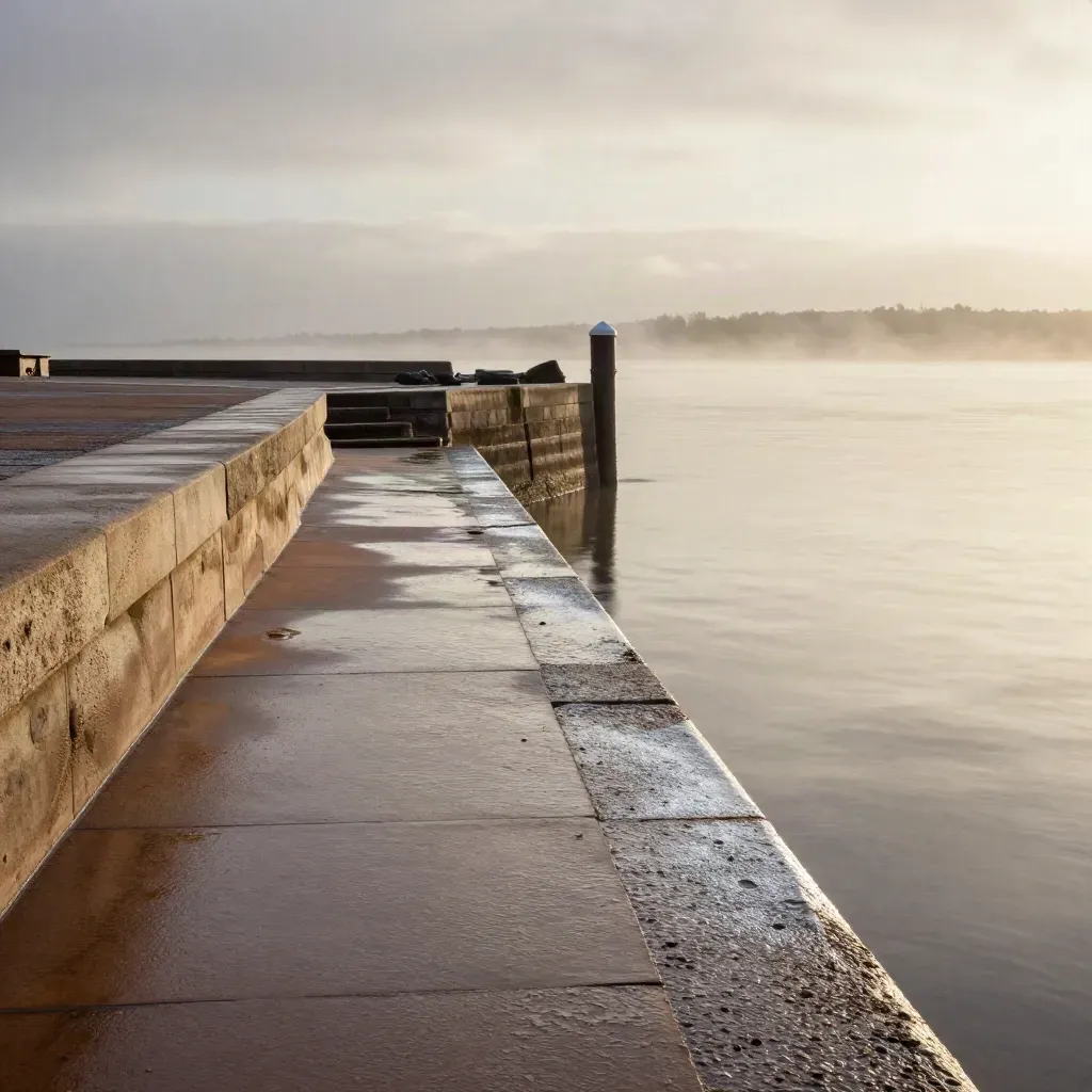Wet North West dockstone with silver water reflections and a hazy skyline at dusk