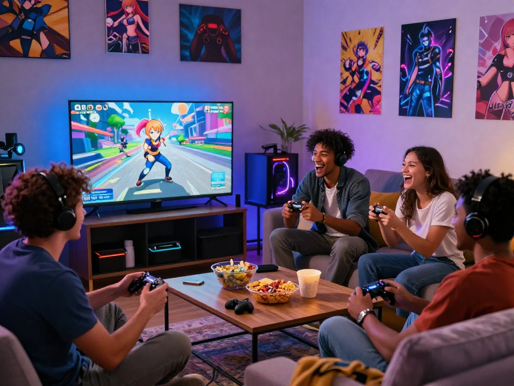 Friends enjoying a multiplayer experience playing a hentai game together in a cozy living room with vibrant atmosphere.