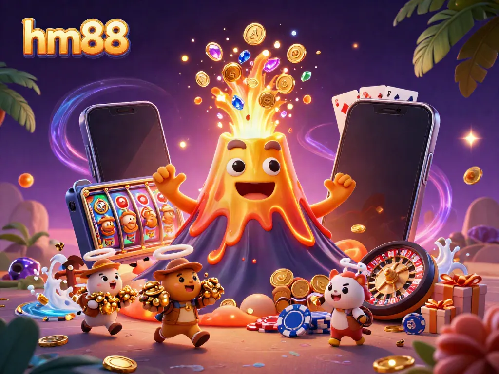 Experience the excitement of hm88 with a vibrant 3D volcano surrounded by treasures and dynamic casino elements.