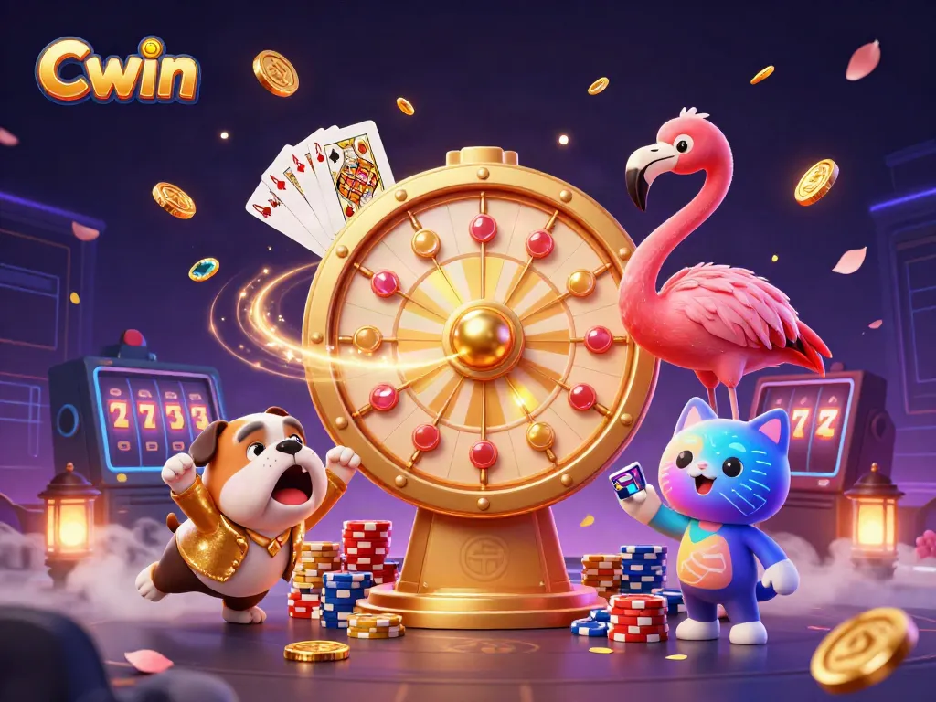 Cwin casino illustration featuring a game show host flamingo, bulldog contestant, and prizes in action.