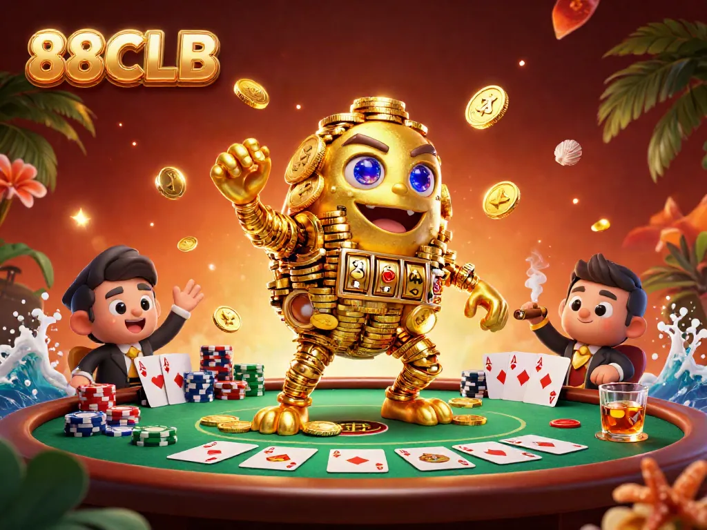 Experience the excitement of 88CLB with a vibrant 3D scene showcasing a golden golem, poker chips, and cards.