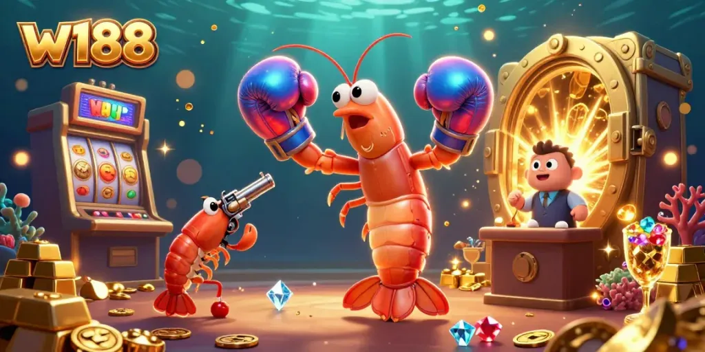 Experience the vibrant energy of w188's casino scene with a mantis shrimp and friends winning big.