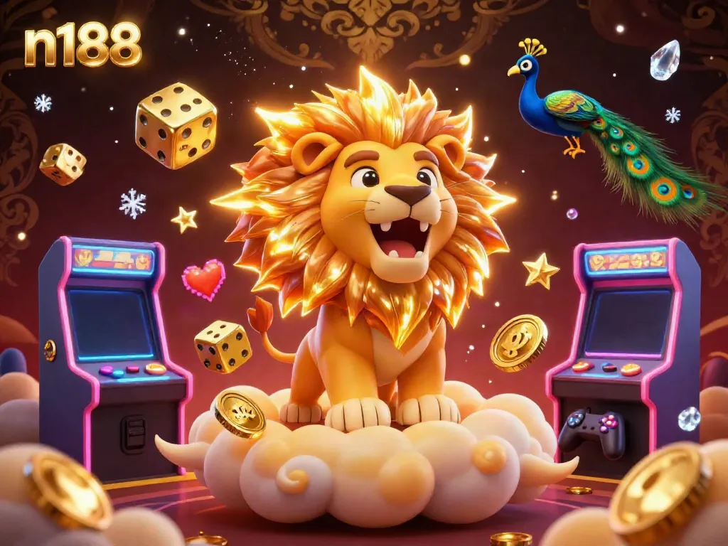 Experience the excitement of n188 with a vibrant depiction of a triumphant sun lion in a dynamic casino setting.