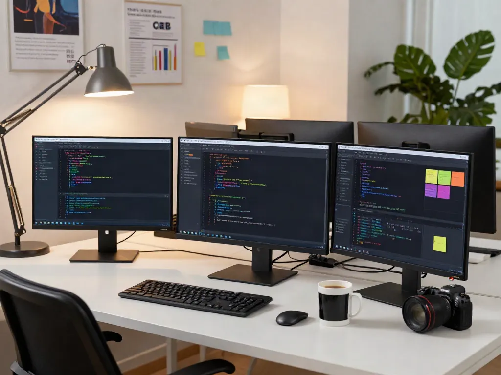 Instant indexing software development scene with dual screens and coding metrics