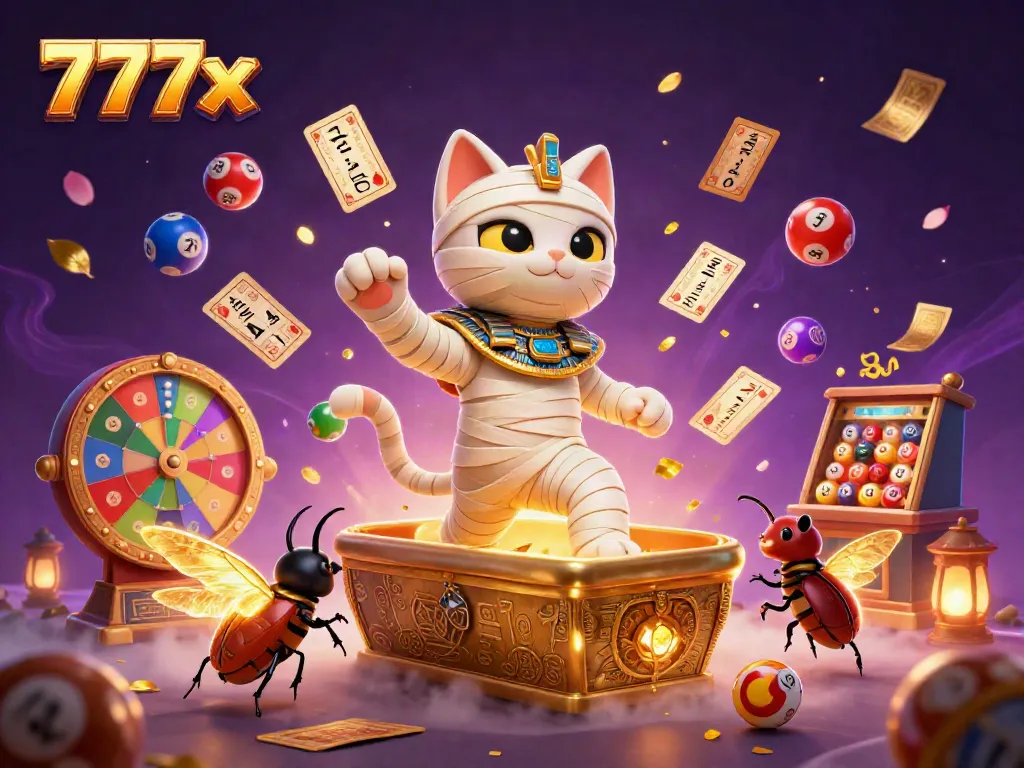 Immerse in the excitement of 777x with a lively Egyptian casino scene featuring a mummy cat, scarab beetle, and animated lottery elements.