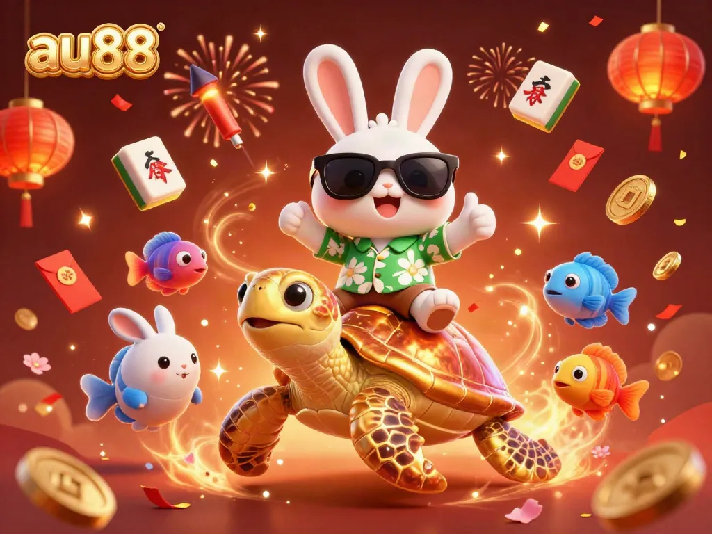 Engage with au88's vibrant casino atmosphere, featuring a lucky rabbit and golden turtle amidst celebratory elements.