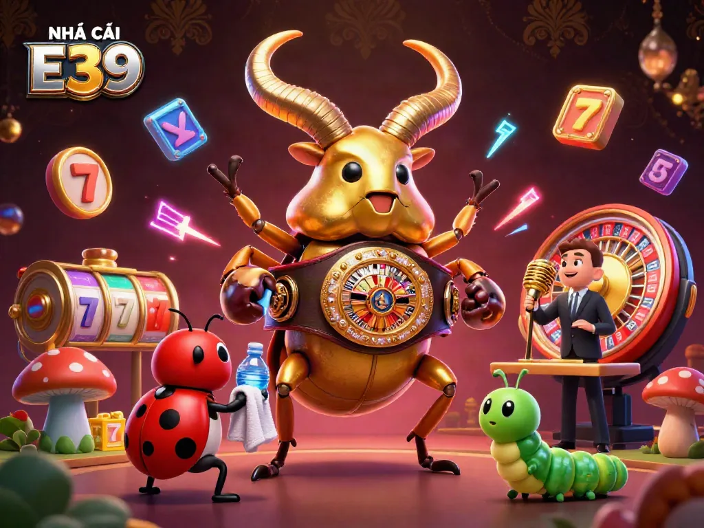 Engage with NHÀ CÁI E39's dynamic casino scene showcasing a golden stag beetle champion among vibrant slot elements.